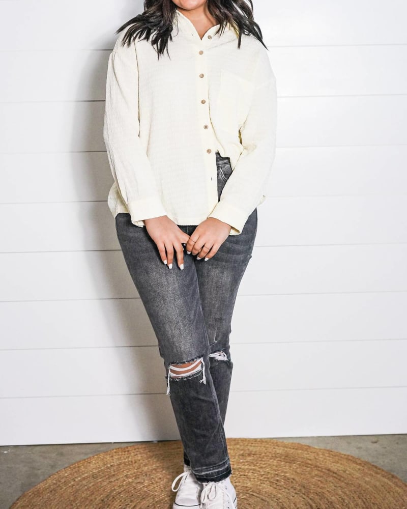 Front of a model wearing a size L Crinkled Button Down Top in White in White by MIOU MUSE. | dia_product_style_image_id:334110